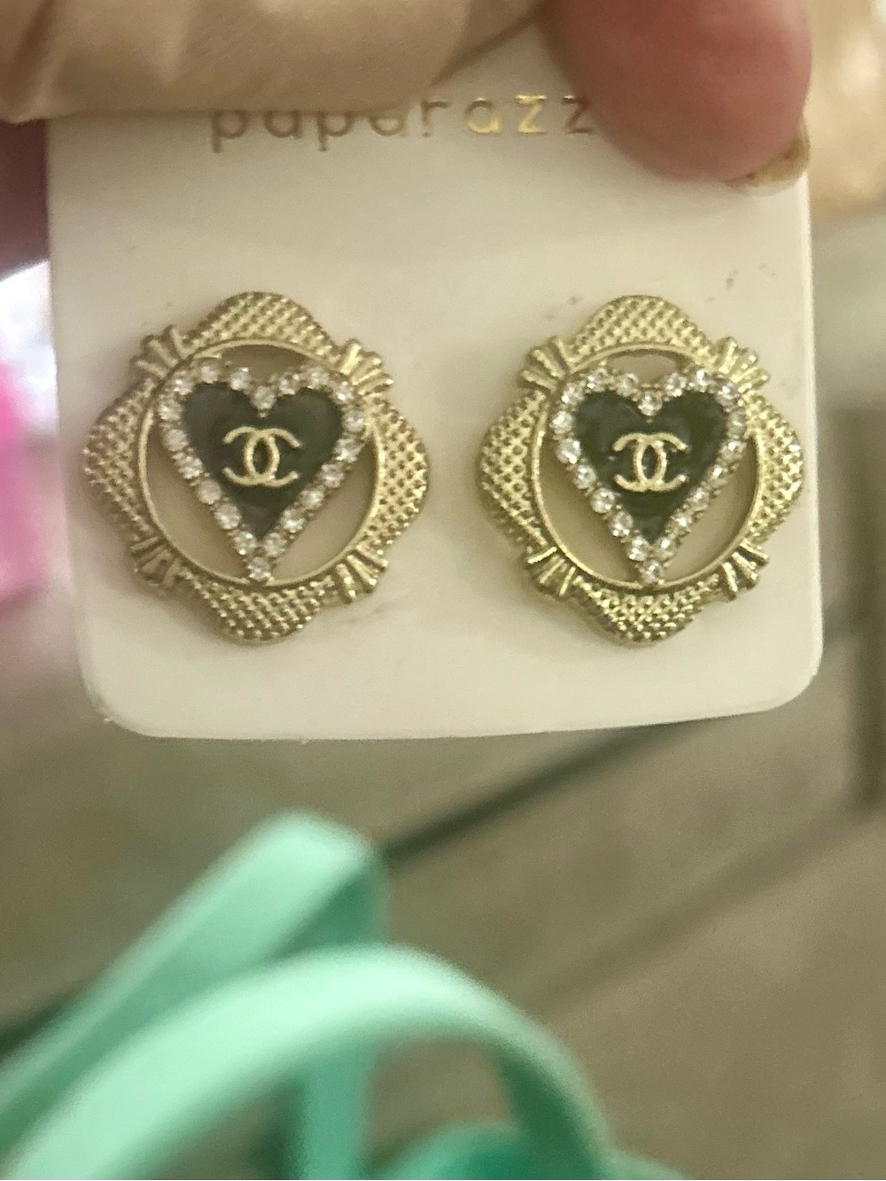 Gold Heart Stud Earrings with Black Enamel and Crystals, fashion jewelry, NEW - Picture 4 of 4
